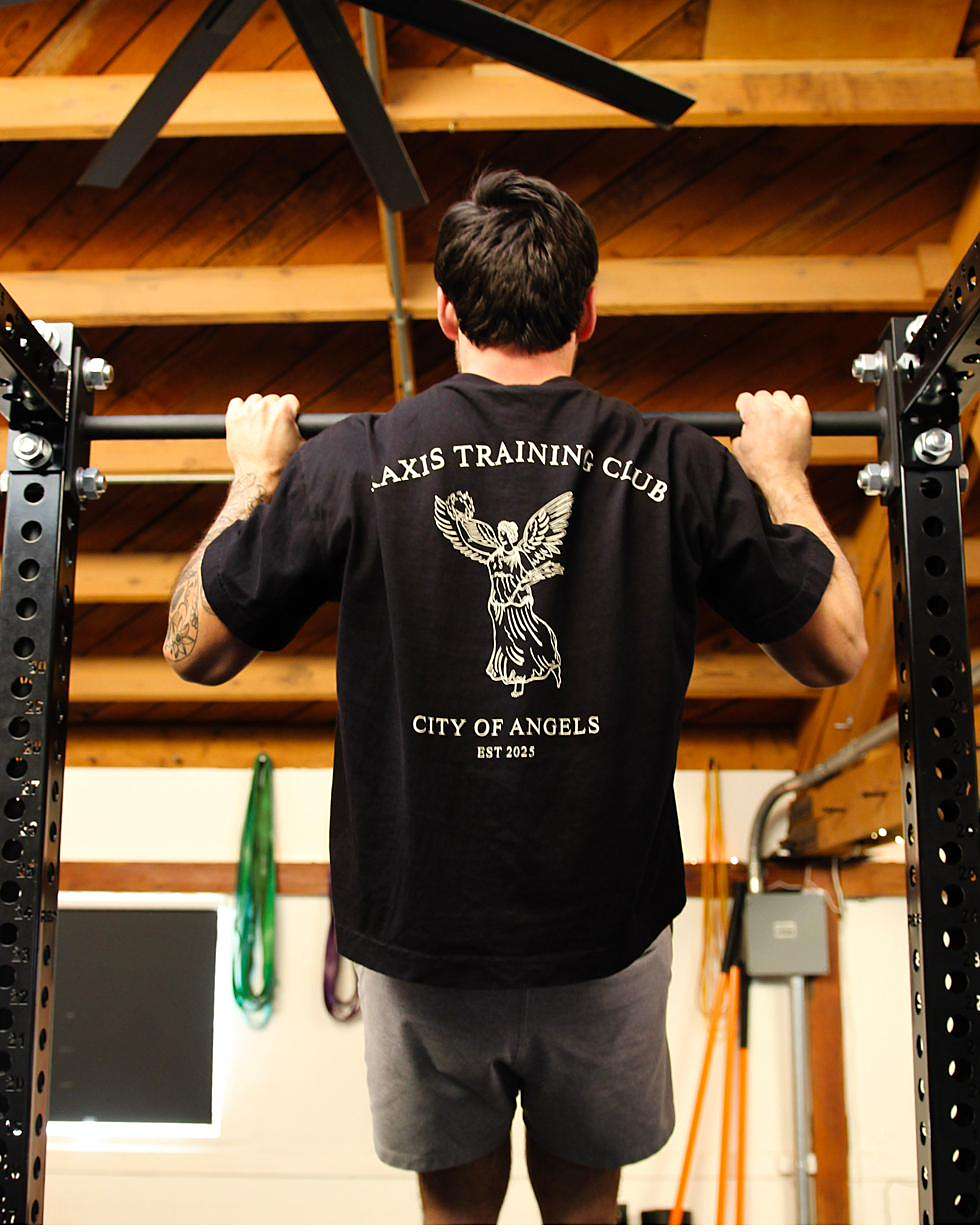 Noah at the pull-up bar under the trusses